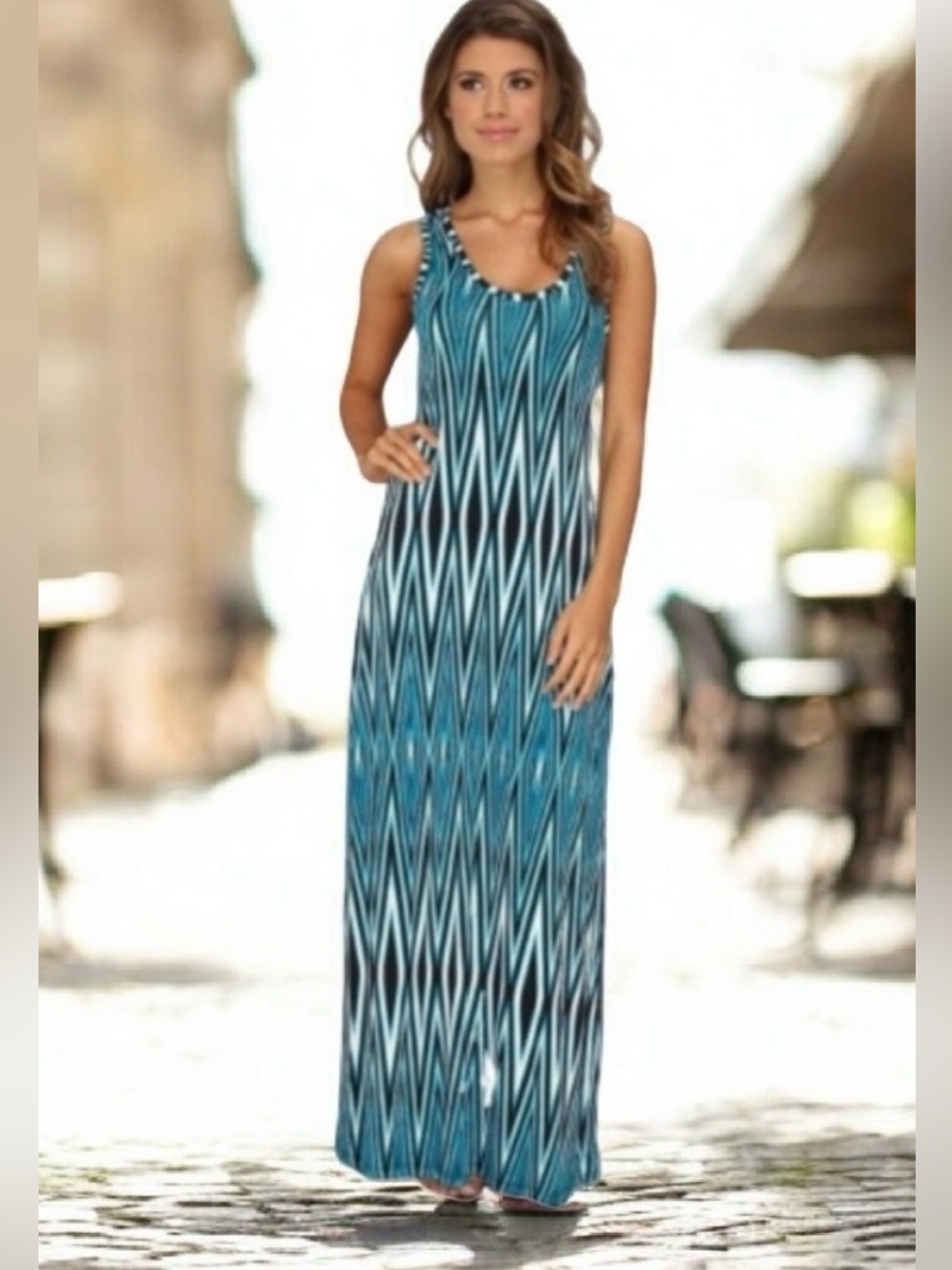 Calvin Klein Blue & Black Geometric Maxi Dress | Size 12 | Like New